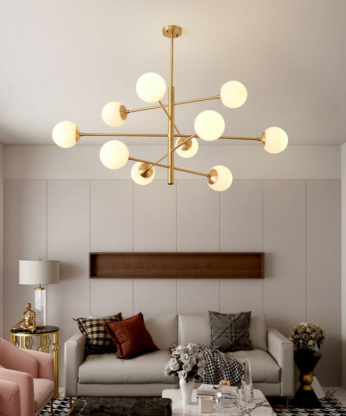 Post-Modern Hanging Chandelier Light Satin Opal Glass Ceiling Chandelier in Gold - Rebooters