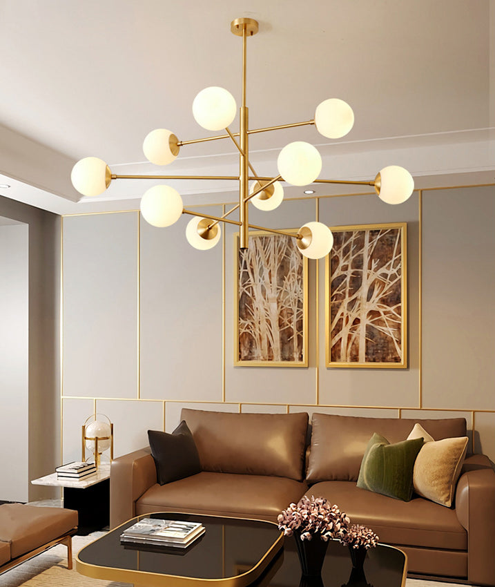 Post-Modern Hanging Chandelier Light Satin Opal Glass Ceiling Chandelier in Gold - Rebooters