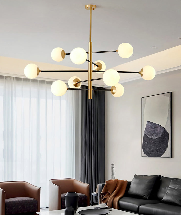 Post-Modern Hanging Chandelier Light Satin Opal Glass Ceiling Chandelier in Gold - Rebooters