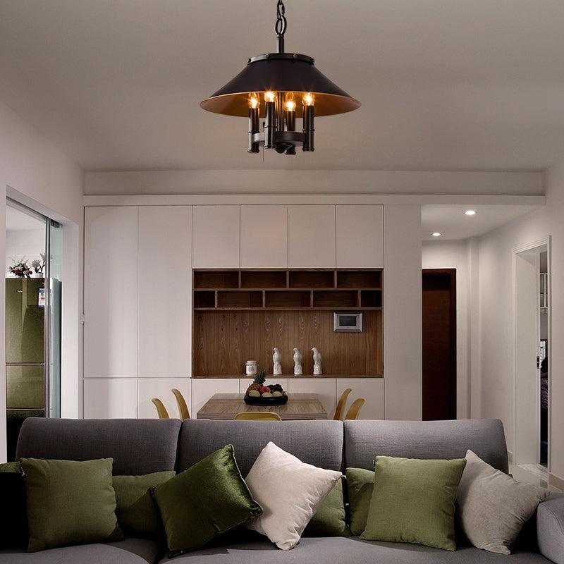 4 Lights Chandelier Lighting with Conic Shade Metallic Farmhouse Style Dining Room Hanging Lamp in Black - Rebooters