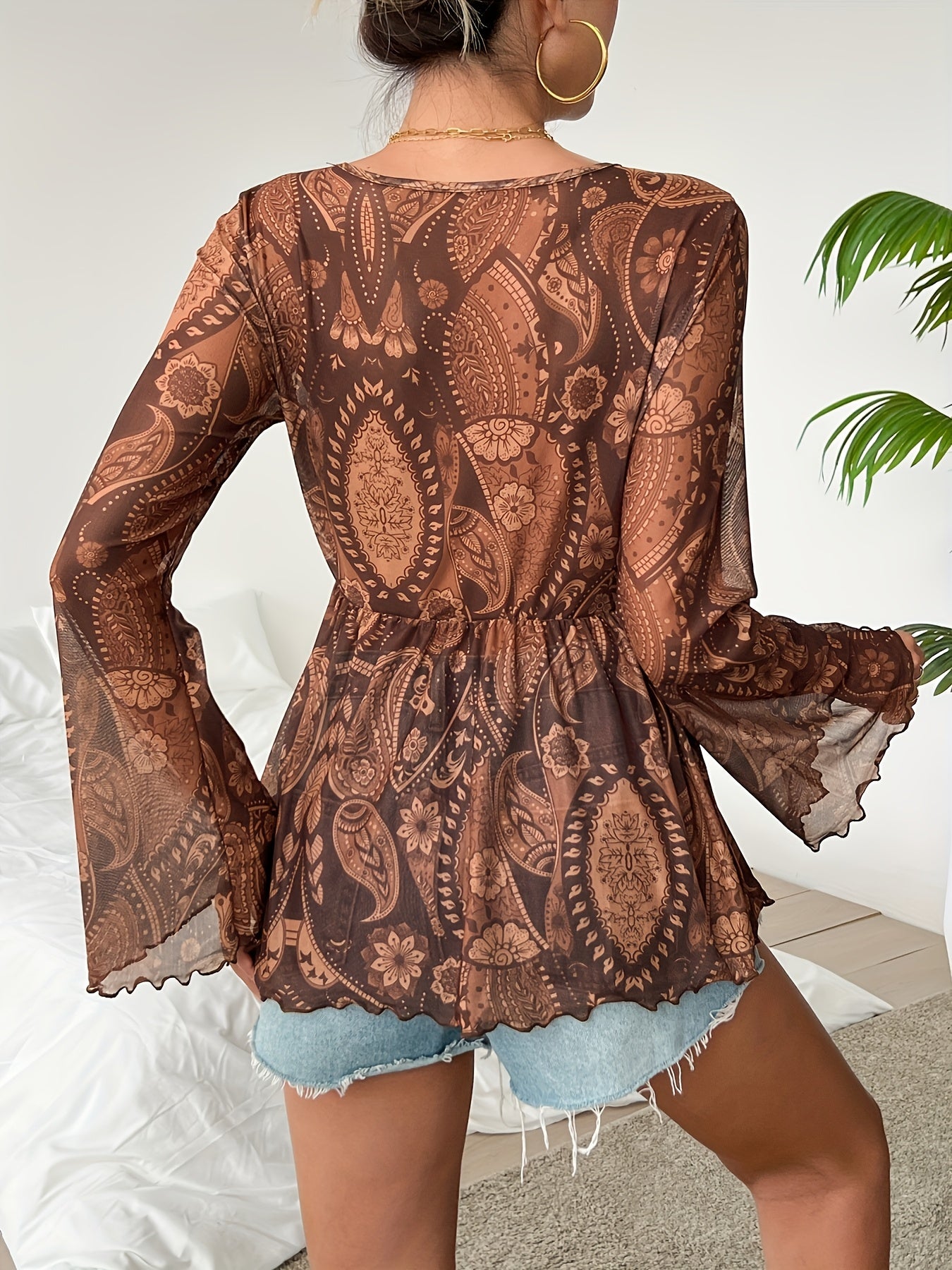 Boho Paisley Top With Bell Sleeves For Women - Trendy Chic - Rebooters