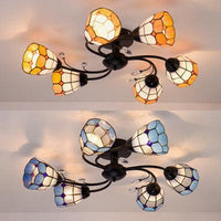 6 Lights Bowl Flush Light Tiffany Stained Glass Indoor Semi Flushmount for Living Room Orange Blue - Rebooters