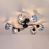 6 Lights Bowl Flush Light Tiffany Stained Glass Indoor Semi Flushmount for Living Room Orange Blue - Rebooters