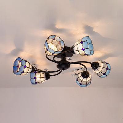 6 Lights Bowl Flush Light Tiffany Stained Glass Indoor Semi Flushmount for Living Room Orange Blue - Rebooters