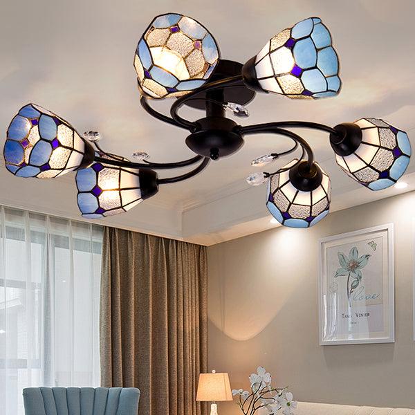 6 Lights Bowl Flush Light Tiffany Stained Glass Indoor Semi Flushmount for Living Room Orange Blue - Rebooters