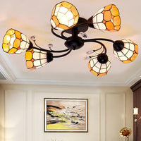 6 Lights Bowl Flush Light Tiffany Stained Glass Indoor Semi Flushmount for Living Room Orange Blue - Rebooters