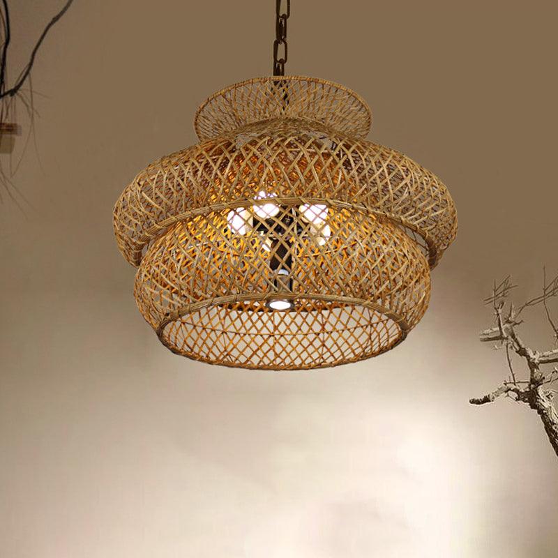 2-Layer Suspension Pendant Retro Bamboo LED Wood Light Kit - Rebooters