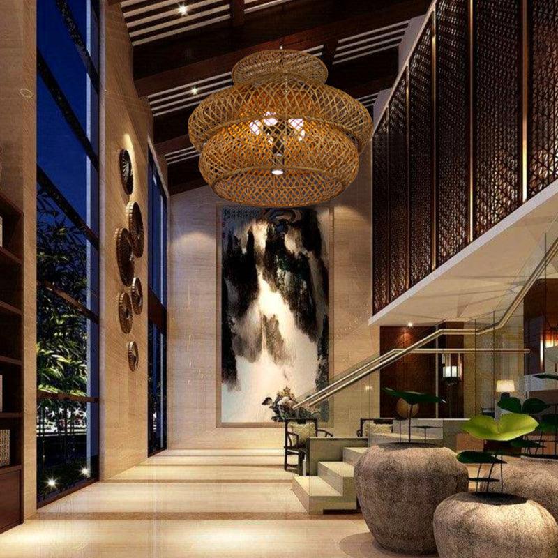 2-Layer Suspension Pendant Retro Bamboo LED Wood Light Kit - Rebooters