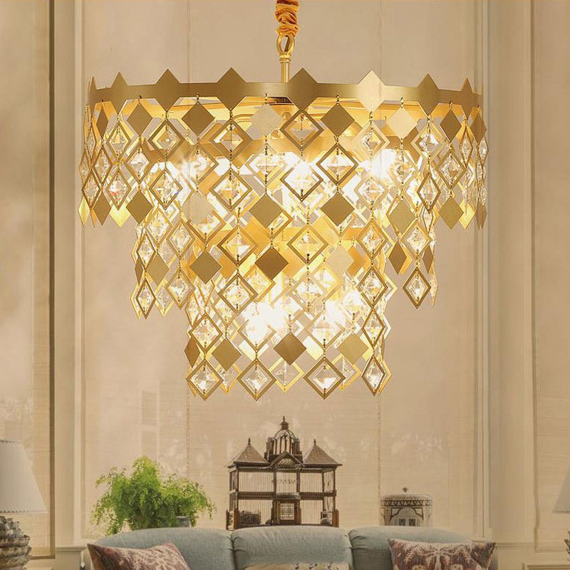 3 Tiers Dining Room Chandelier Light K9 Crystal 6 Heads Gold - Rebooters