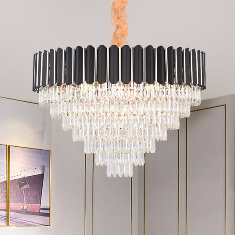 Layered Chandelier Lighting Fixture Minimalist Crystal 22 Lights Black Hanging Pendant Light - Rebooters