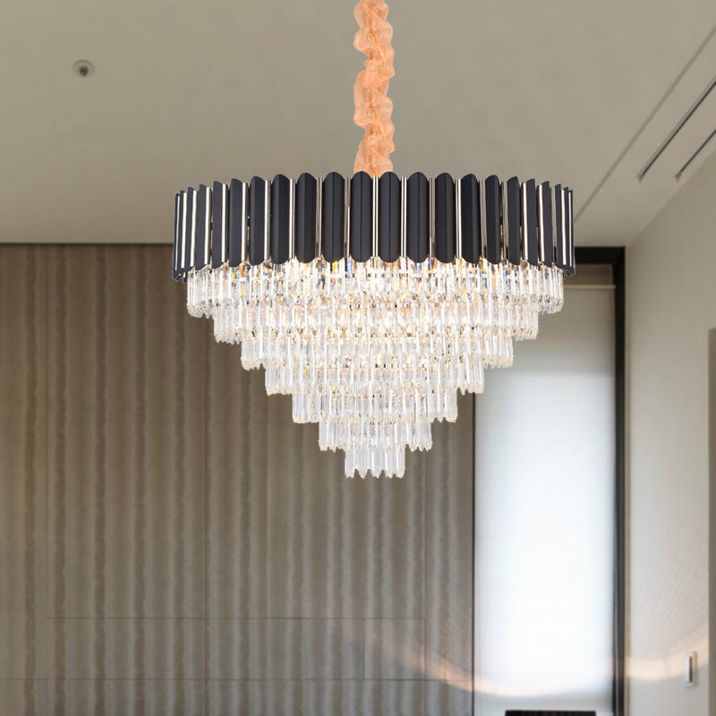 Layered Chandelier Lighting Fixture Minimalist Crystal 22 Lights Black Hanging Pendant Light - Rebooters