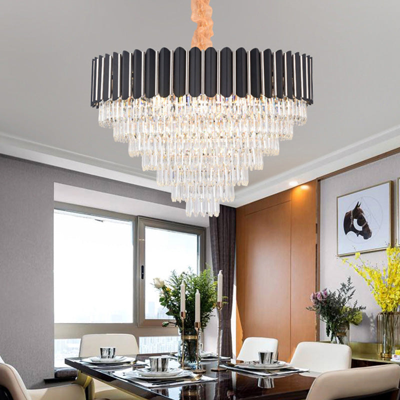 Layered Chandelier Lighting Fixture Minimalist Crystal 22 Lights Black Hanging Pendant Light - Rebooters