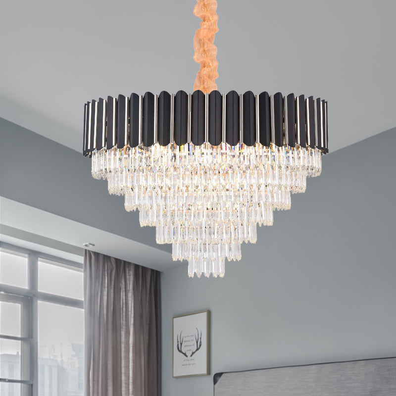 Layered Chandelier Lighting Fixture Minimalist Crystal 22 Lights Black Hanging Pendant Light - Rebooters