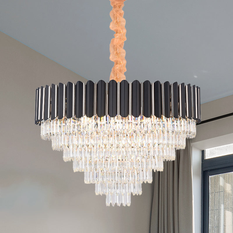 Layered Chandelier Lighting Fixture Minimalist Crystal 22 Lights Black Hanging Pendant Light - Rebooters