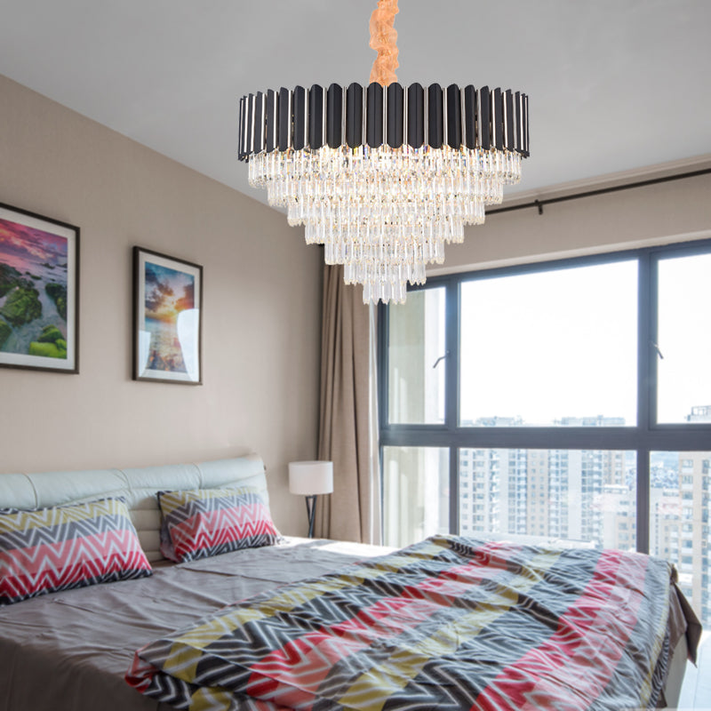 Layered Chandelier Lighting Fixture Minimalist Crystal 22 Lights Black Hanging Pendant Light - Rebooters