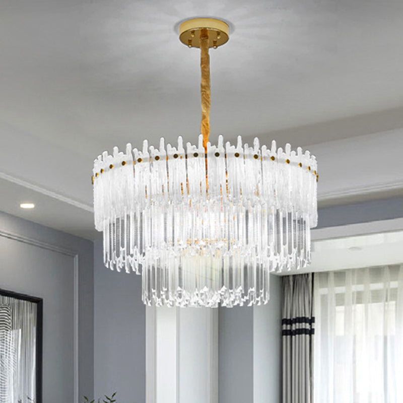 3 Tiers Clear Crystal Rod Pendant Chandelier Modernism 12 Lights Gold - Rebooters