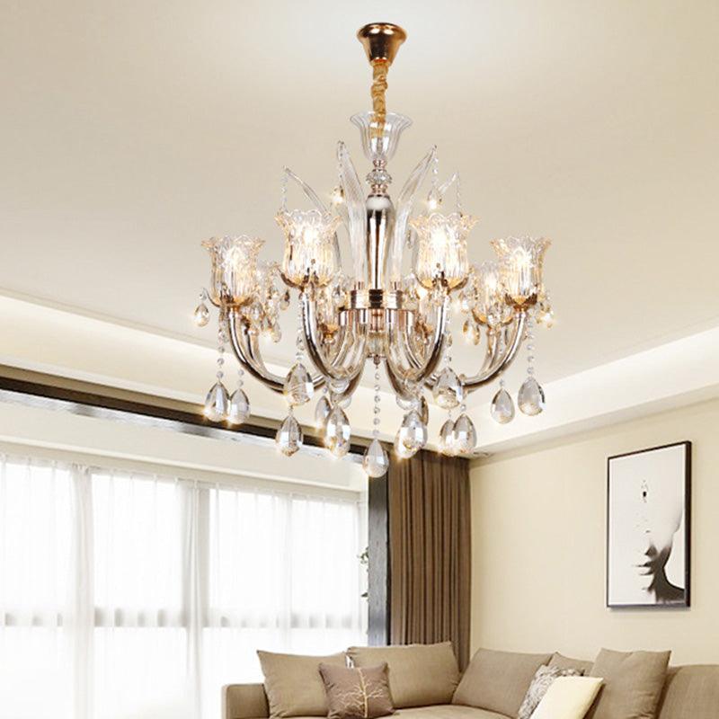 Bell Living Room Chandelier Lamp Traditional Crystal Drop 8 Lights Chrome - Rebooters