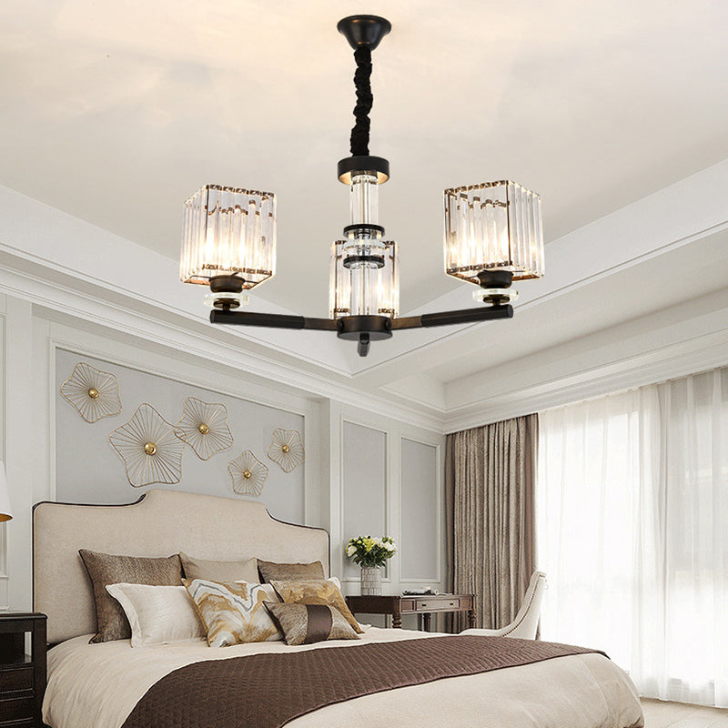 Rectangle-Cut Crystal Sputnik Chandelier Modernism 3/6/8 Lights Black Ceiling Light Fixture - Rebooters