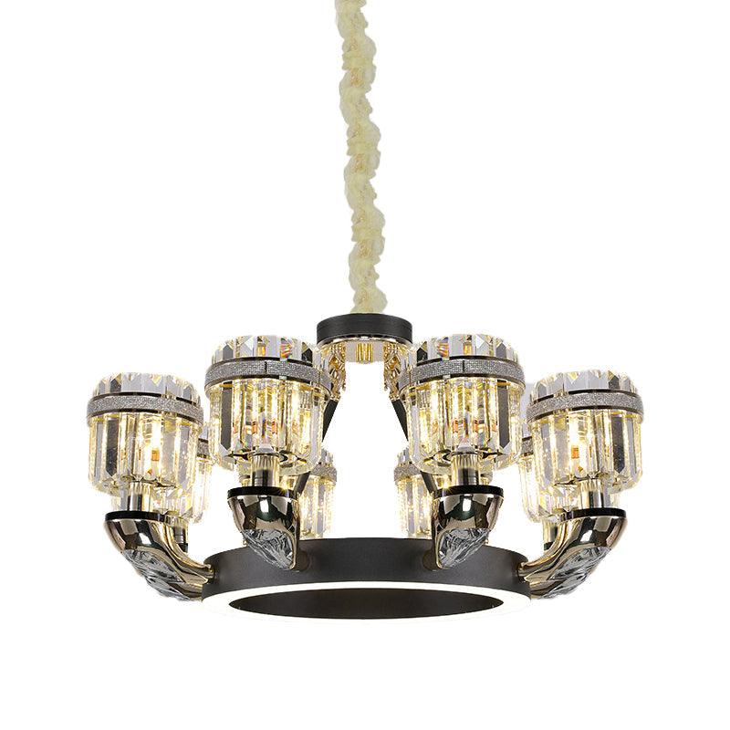 Beveled Crystal Cylinder Chandelier Lighting Traditional 6/8 Lights Black LED Pendant for Bedroom - Rebooters