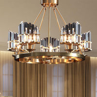 5 Heads Circular Hanging Ceiling Light Modern Gold Tri-Sided Crystal Rod Pendant Chandelier - Rebooters