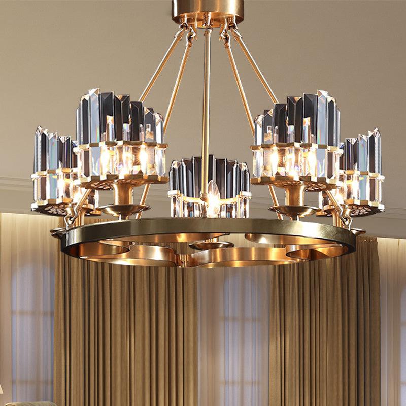 5 Heads Circular Hanging Ceiling Light Modern Gold Tri-Sided Crystal Rod Pendant Chandelier - Rebooters