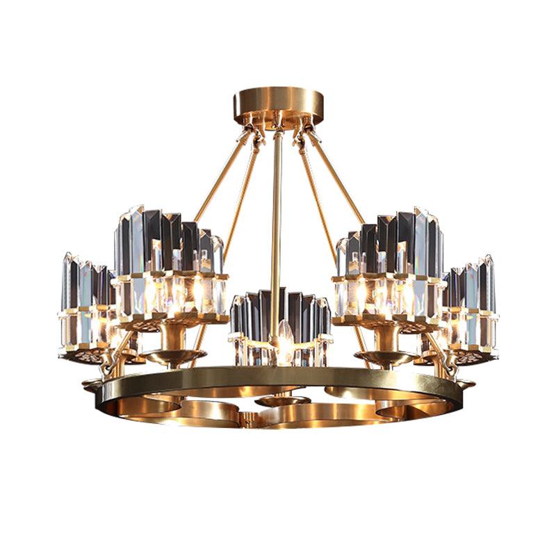5 Heads Circular Hanging Ceiling Light Modern Gold Tri-Sided Crystal Rod Pendant Chandelier - Rebooters