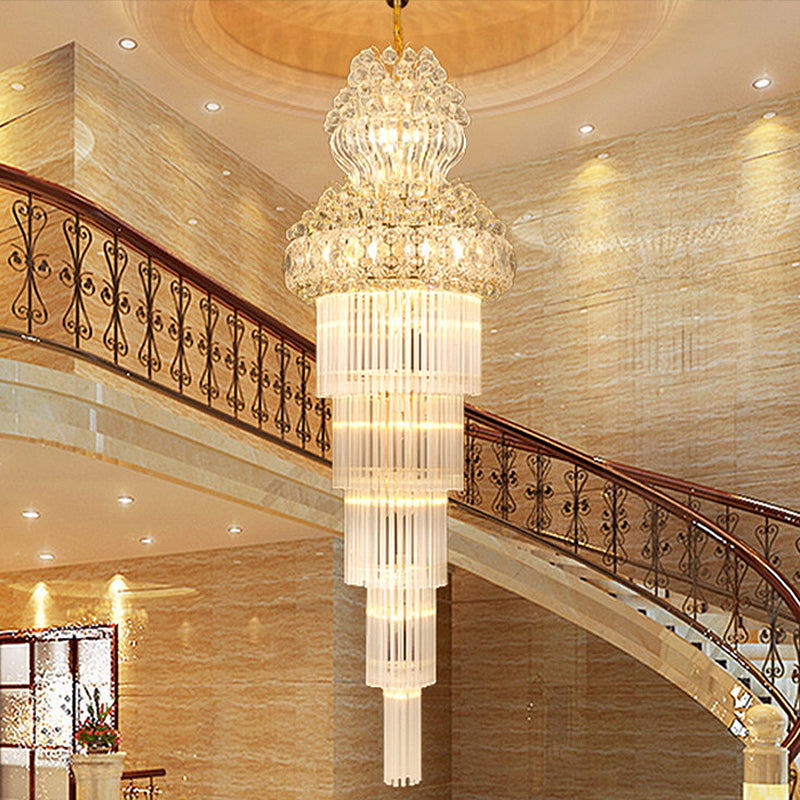 Cone Stairway Chandelier Pendant Light Simple Clear Crystal Rod 12 Heads Gold Lamp - Rebooters
