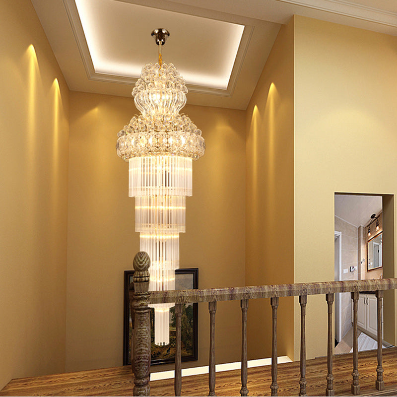Cone Stairway Chandelier Pendant Light Simple Clear Crystal Rod 12 Heads Gold Lamp - Rebooters
