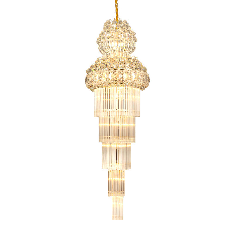Cone Stairway Chandelier Pendant Light Simple Clear Crystal Rod 12 Heads Gold Lamp - Rebooters