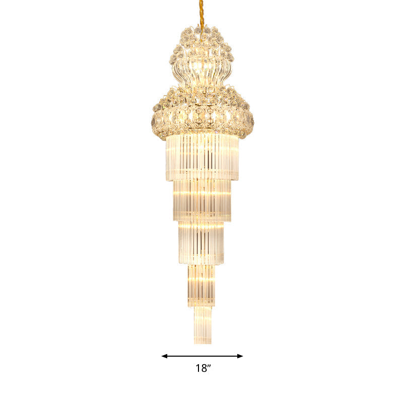 Cone Stairway Chandelier Pendant Light Simple Clear Crystal Rod 12 Heads Gold Lamp - Rebooters