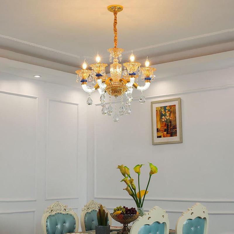 Candelabra Chandelier Light Fixture Traditional Metal 6 Heads Brass Pendant with Amber Crystal Accent - Rebooters