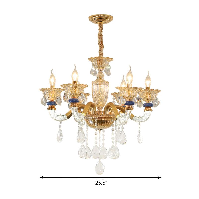 Candelabra Chandelier Light Fixture Traditional Metal 6 Heads Brass Pendant with Amber Crystal Accent - Rebooters