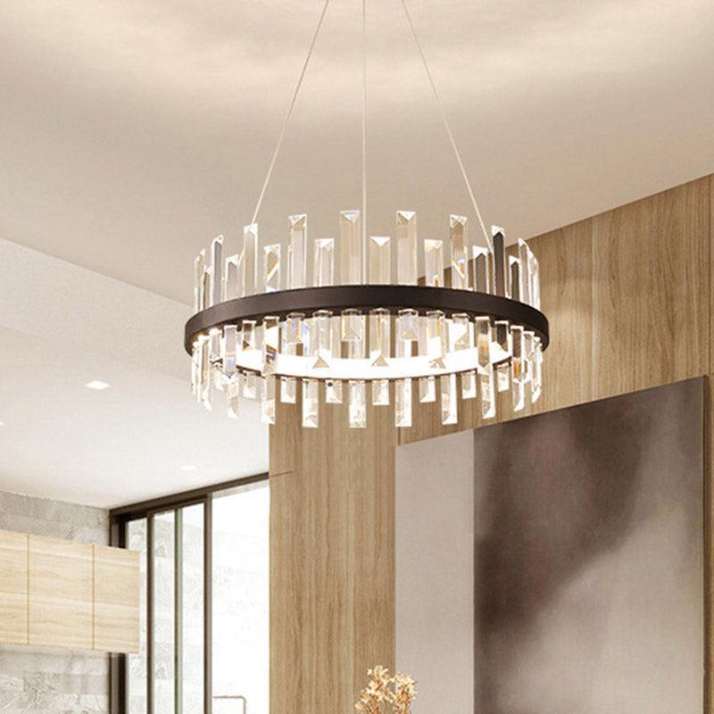 Circular Pendant Ceiling Light Modern Rectangle-Cut Crystal Black/White LED Chandelier 23.5"/31.5" Wide - Rebooters