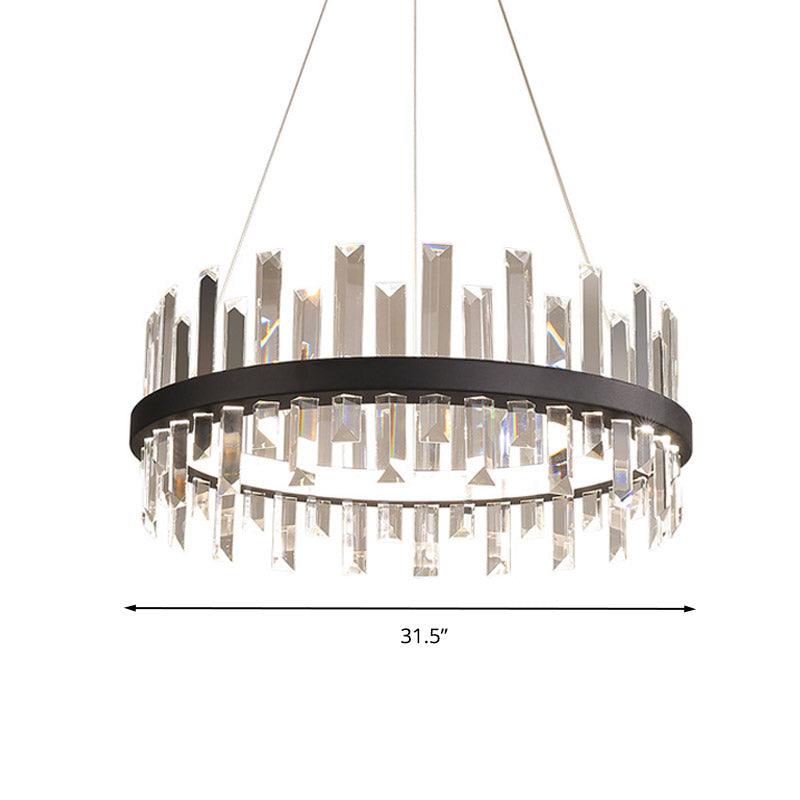 Circular Pendant Ceiling Light Modern Rectangle-Cut Crystal Black/White LED Chandelier 23.5"/31.5" Wide - Rebooters