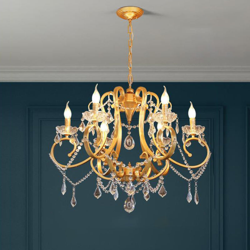 Candle Dining Room Pendant Ceiling Light Crystal Drop 6 Heads Postmodern Chandelier Lamp in Brass - Rebooters