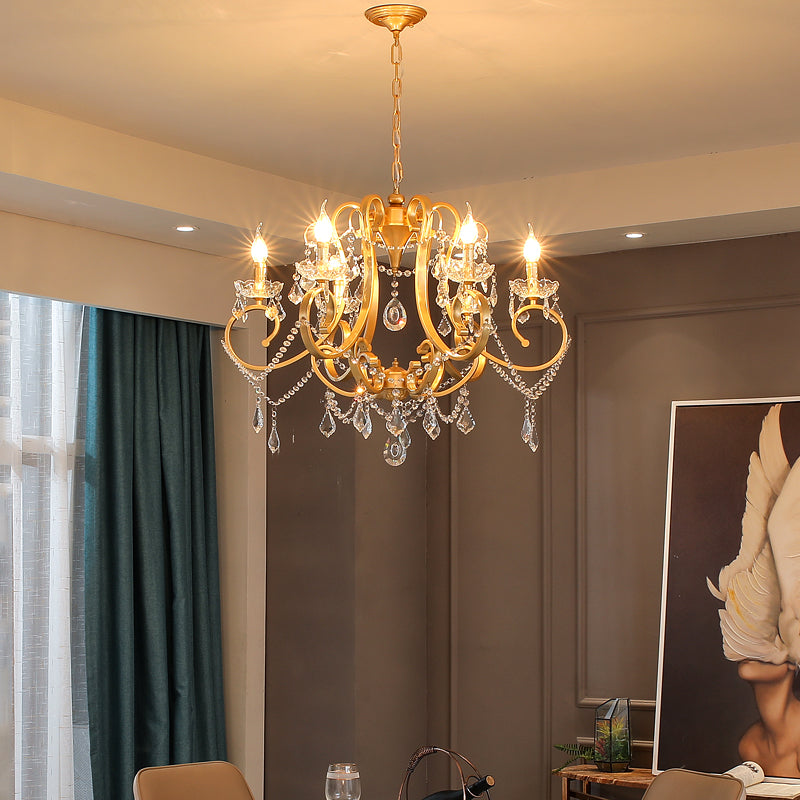 Candle Dining Room Pendant Ceiling Light Crystal Drop 6 Heads Postmodern Chandelier Lamp in Brass - Rebooters