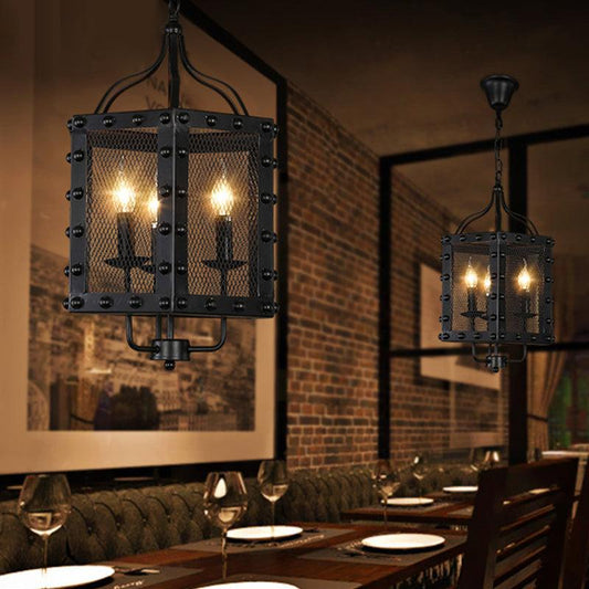 3 Lights Iron Ceiling Chandelier Vintage Style Black Faceted Frame Hanging Lamp Kit - Rebooters