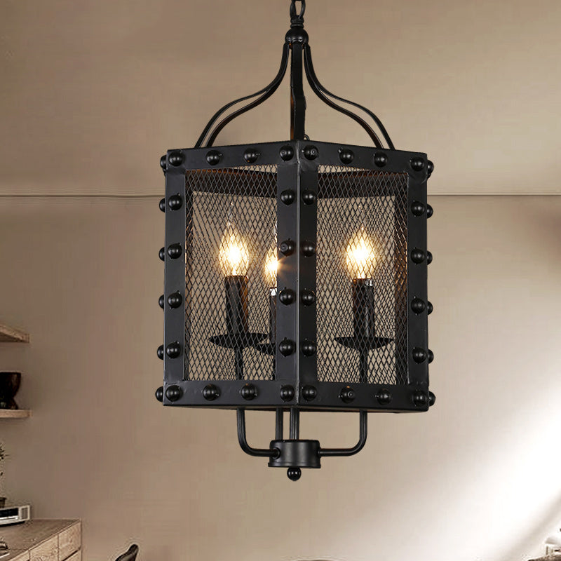 3 Lights Iron Ceiling Chandelier Vintage Style Black Faceted Frame Hanging Lamp Kit - Rebooters