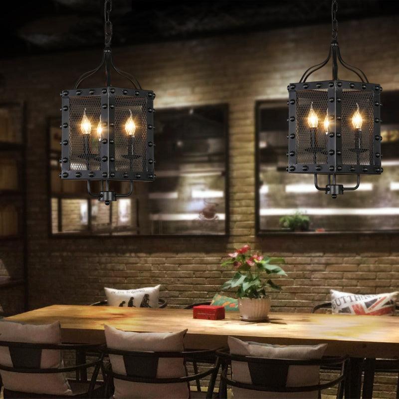 3 Lights Iron Ceiling Chandelier Vintage Style Black Faceted Frame Hanging Lamp Kit - Rebooters