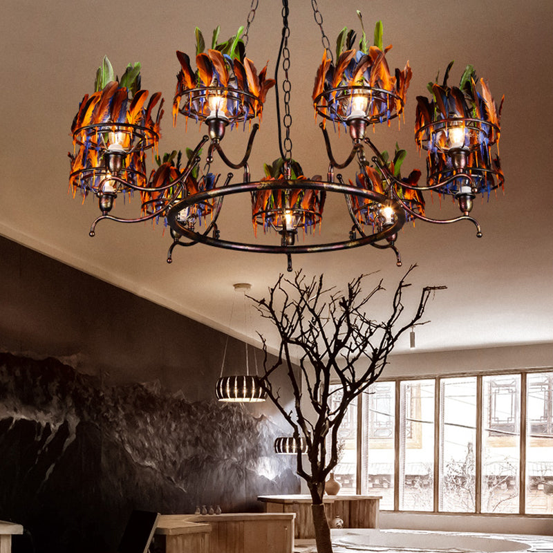 Copper Finish 9-Head Chandelier Lamp With Indian Feather Element - Rebooters