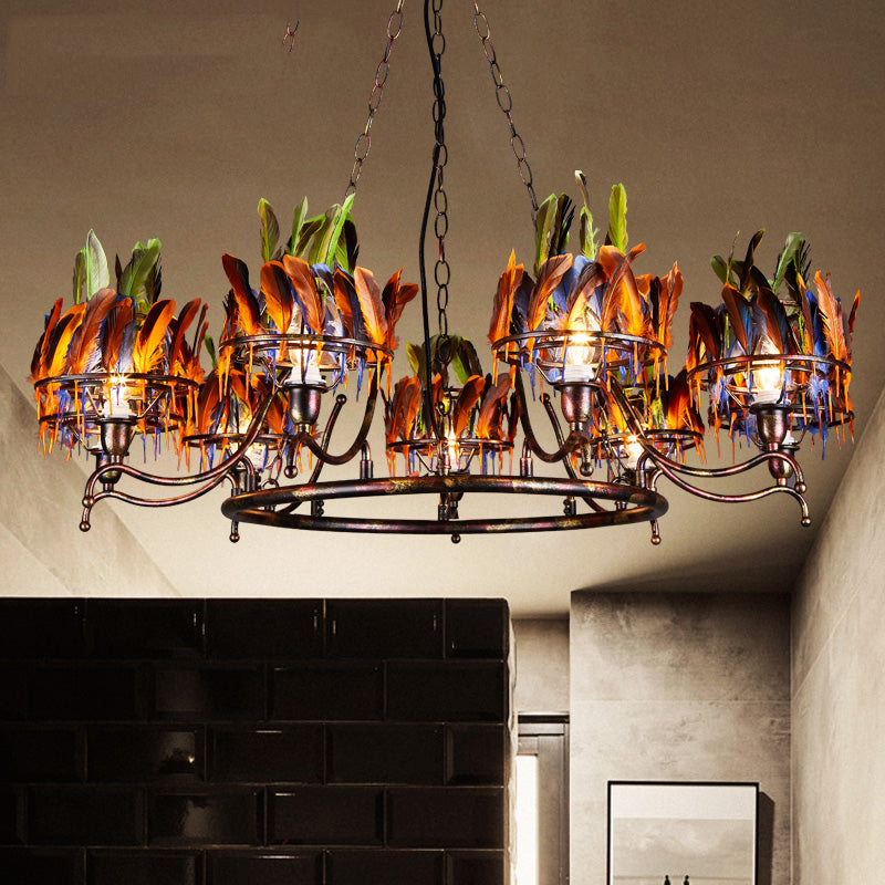 Copper Finish 9-Head Chandelier Lamp With Indian Feather Element - Rebooters