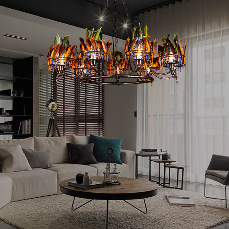 Copper Finish 9-Head Chandelier Lamp With Indian Feather Element - Rebooters