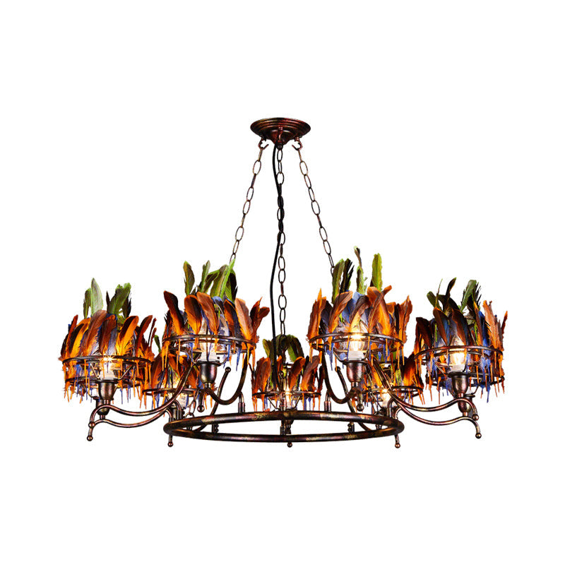 Copper Finish 9-Head Chandelier Lamp With Indian Feather Element - Rebooters