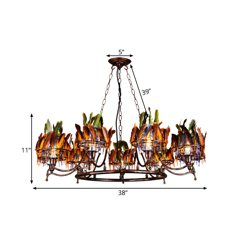 Copper Finish 9-Head Chandelier Lamp With Indian Feather Element - Rebooters