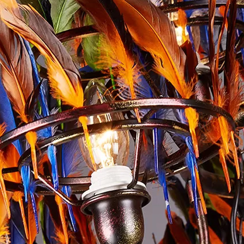 Copper Finish 9-Head Chandelier Lamp With Indian Feather Element - Rebooters
