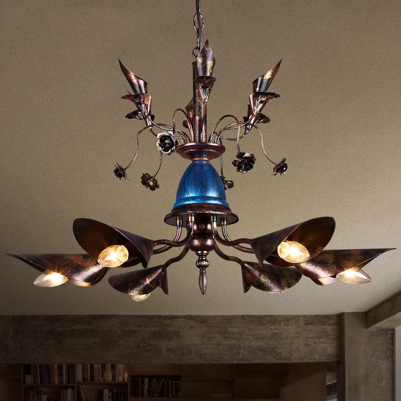 6-Light Bell Chandelier Traditional Blue Iron Pendant Shade - Rebooters