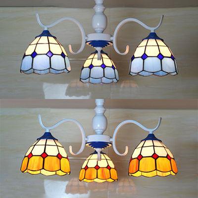 3/6 Lights Dome Semi Flush Light Stained Glass Tiffany Semi Flushmount in Blue Orange for Foyer - Rebooters