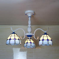 3/6 Lights Dome Semi Flush Light Stained Glass Tiffany Semi Flushmount in Blue Orange for Foyer - Rebooters