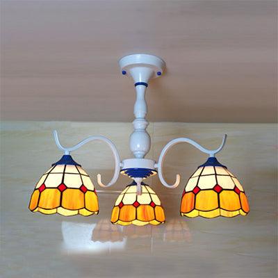 3/6 Lights Dome Semi Flush Light Stained Glass Tiffany Semi Flushmount in Blue Orange for Foyer - Rebooters