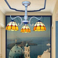 3/6 Lights Dome Semi Flush Light Stained Glass Tiffany Semi Flushmount in Blue Orange for Foyer - Rebooters
